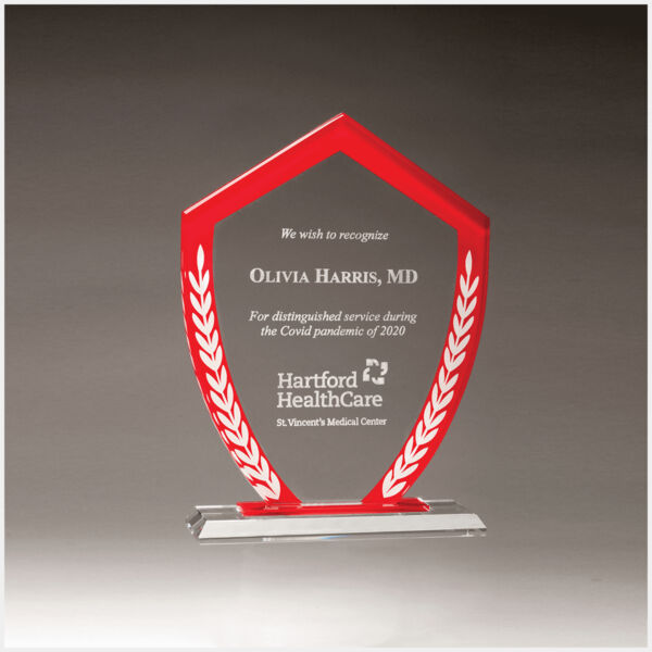 5 7/8" x 8 1/8" Shield Shaped Glass Award with Border and Laurel Leaves Thumbnail