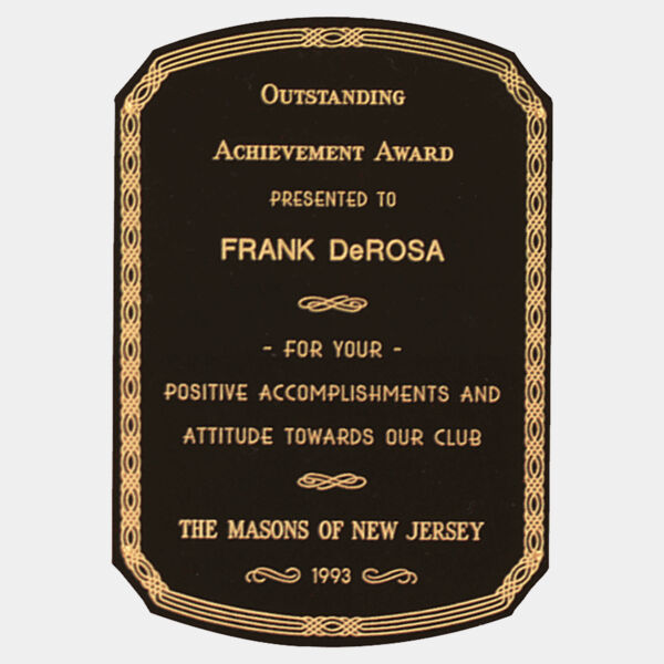 6" x 8 1/2" Laserable Brass Notched Corner Plate with Rounded Top and Bottom, Design Border and Four Holes Thumbnail