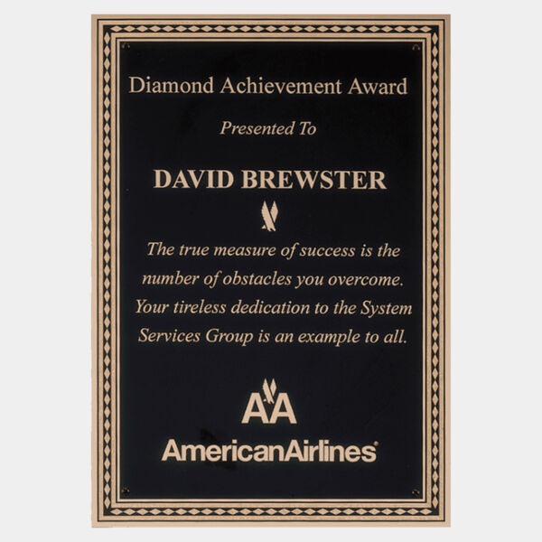 7" x 10" Laser Engravable Brass Plated Steel Plate with Diamond Florentine Border and Four Holes Thumbnail