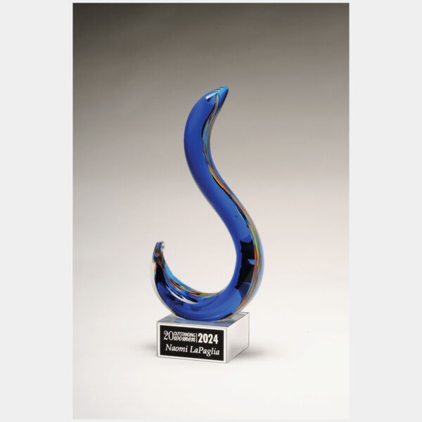 11" Modern Swan Design Art Glass on Glass Base with Laserable Aluminum Plate Thumbnail